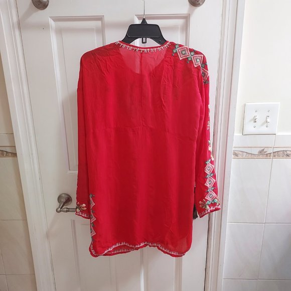 Johnny Was Red Floral Embroidered Tie Yoke Neck Georgette Tunic Top Blouse - Picture 7 of 7